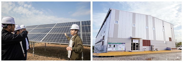 65㎿의 태양광과 130㎿h의 ESS(Energy Storage System, 에너지 저장 시스템)로 구성되어 있는 서산 태양광 발전소. 연간 약 3만1000tCO2-eq(이산화탄소환산톤)의 탄소 절감 효과를 냅니다(좌). ESS 설비 외관. ESS는 낮에 생산된 전력을 충전하고 야간에 송전해 시간‧날씨 등 외부 상황의 영향을 크게 받는 재생에너지를 안정적으로 공급할 수 있도록 돕습니다. 65㎿의 태양광과 130㎿h의 ESS(Energy Storage System, 에너지 저장 시스템)로 구성되어 있는 서산 태양광 발전소. 연간 약 3만1000tCO2-eq(이산화탄소환산톤)의 탄소 절감 효과를 냅니다(좌). ESS 설비 외관. ESS는 낮에 생산된 전력을 충전하고 야간에 송전해 시간‧날씨 등 외부 상황의 영향을 크게 받는 재생에너지를 안정적으로 공급할 수 있도록 돕습니다.
